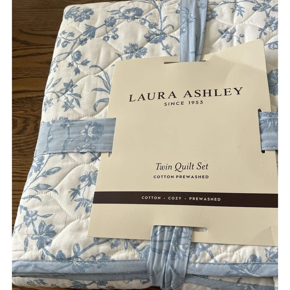 Laura Ashley Twin Quilt Sham Set Cotton Blue White Floral Dorm Room Cottagecoore